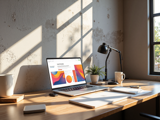 现代化办公桌,笔记本电脑打开状态,周围有成功学书籍和励志文具,背景模糊,光线明亮