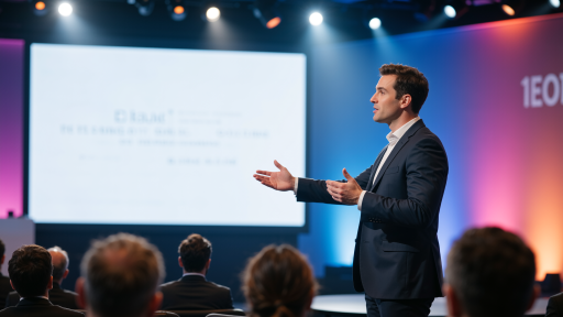 个人成功故事分享会现场,演讲者正在台上分享,台下观众专注聆听,背景有成功学标语,灯光温暖