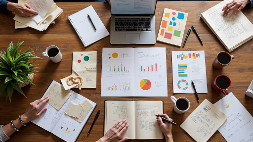 个人成长小组讨论场景,几个人围坐在一起交流,桌上放着笔记本和成功学书籍,氛围积极向上,光线明亮