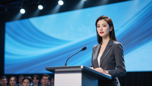 个人演讲比赛现场,参赛者正在台上自信演讲,评委认真聆听,背景有励志标语,氛围热烈