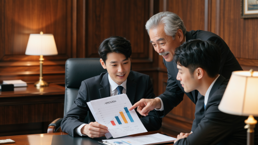 个人财务规划咨询场景,顾问正在为客户讲解财务报表,桌面整洁,背景有成功理财相关图表,专业氛围浓厚